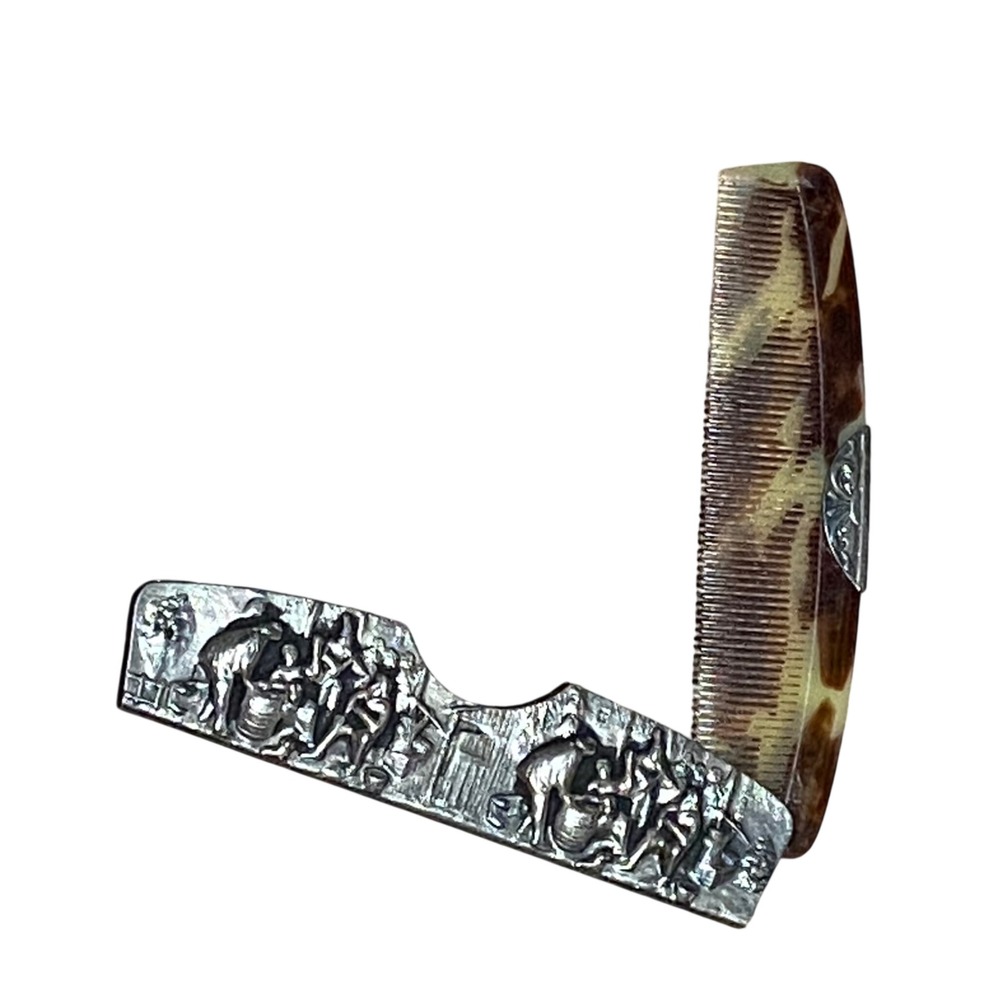 Vintage Hans Jensen Comb Set Denmark Repoussé Silver-Plated Case Tavern Scene